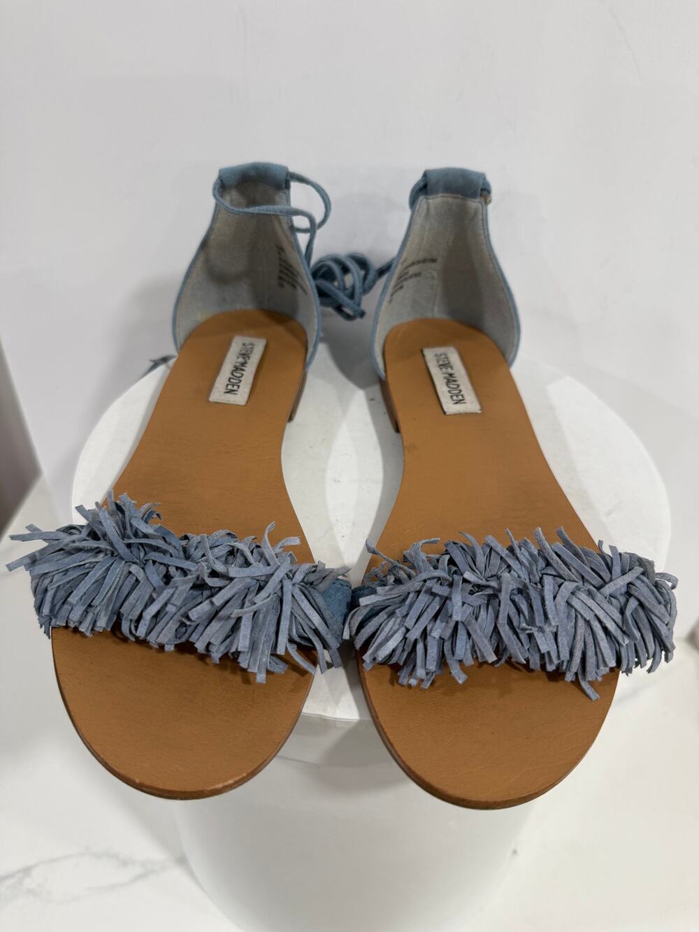 Steve Madden Sweetyy Blue Suede Fringe Lace Up Gladiator Sandals US 7 Ankle Wrap